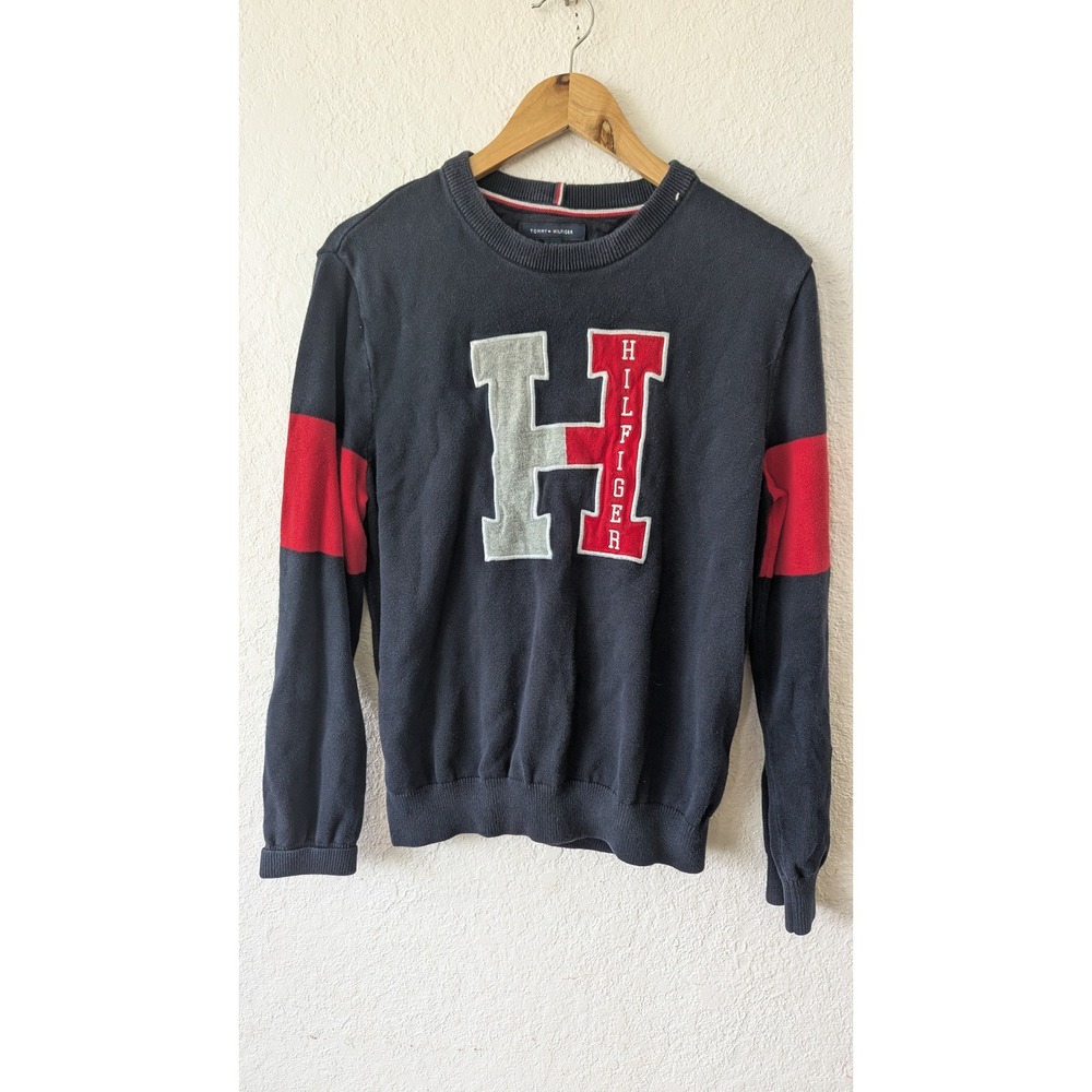 Tommy Hilfiger Navy‎ Blue Varsity H Logo Cotton Crewneck Sweater Womens Medium